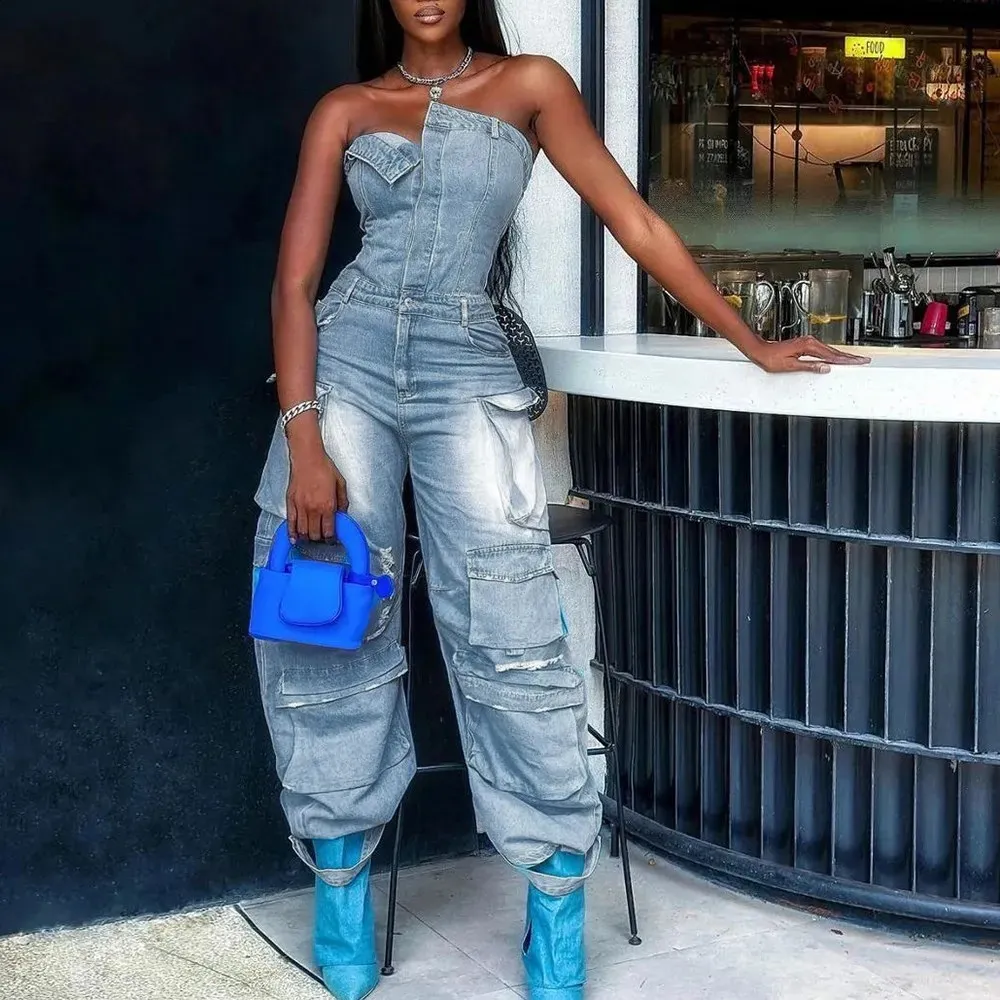 Fashionable Womens Denim Jumpsuits: Strapless High Waist