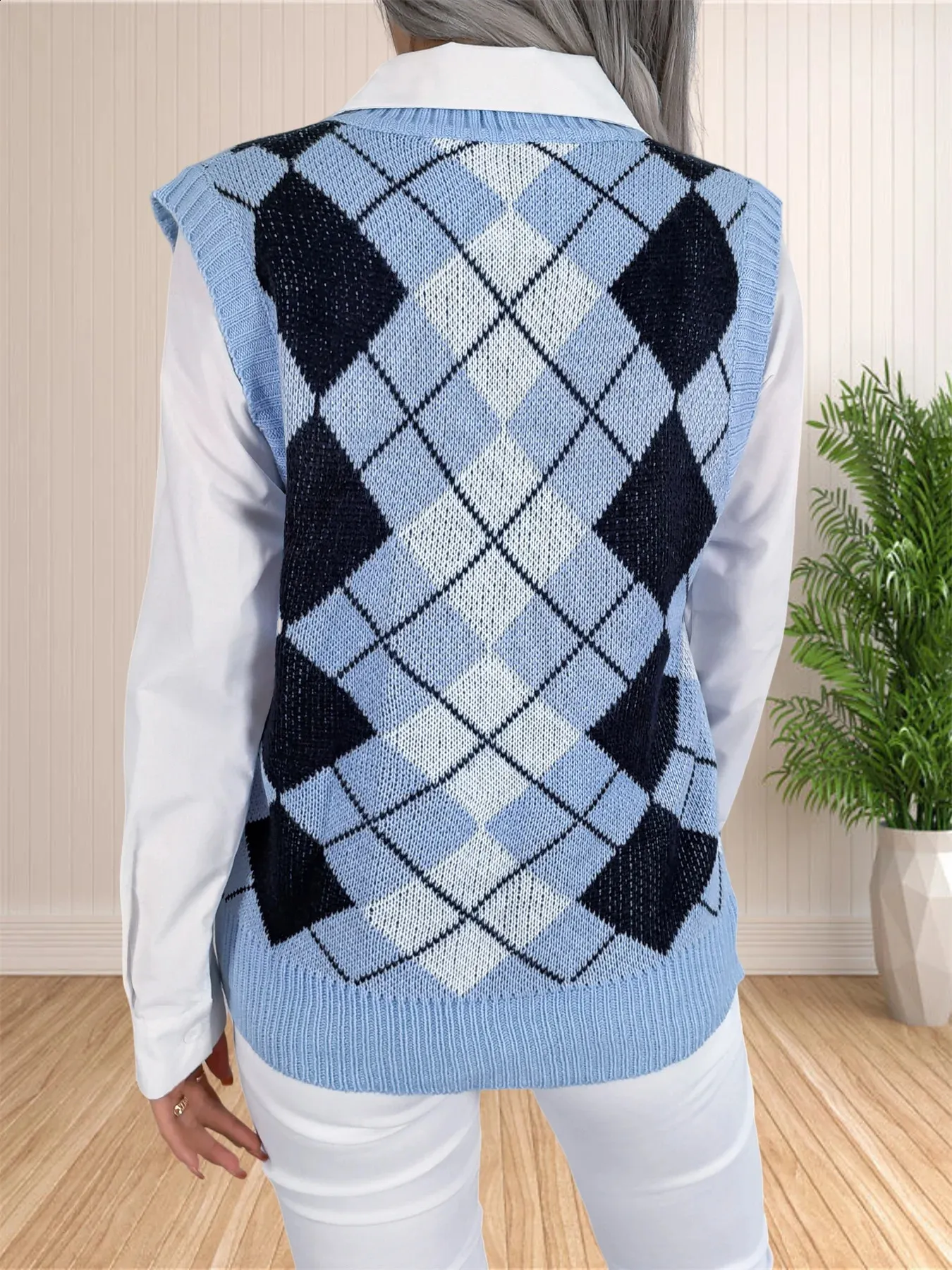 Chaleco De Punto Sin Mangas Para Mujer - Cuello V, Estilo Preppy Argyle, Lana, Varios Colores, Tallas S/M/L
