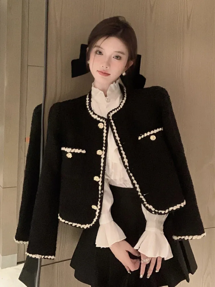 Womens Tweed Jacket Cropped Coat with Elegant Buttons and O Neck