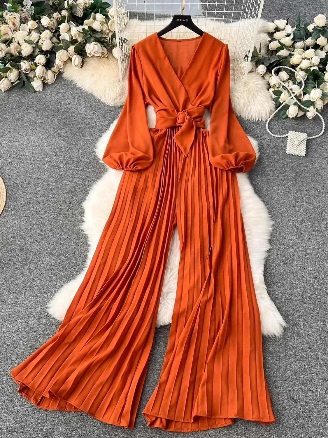 Vintage Pleated Wide Leg Red Jumpsuit With Sleeves For Women 