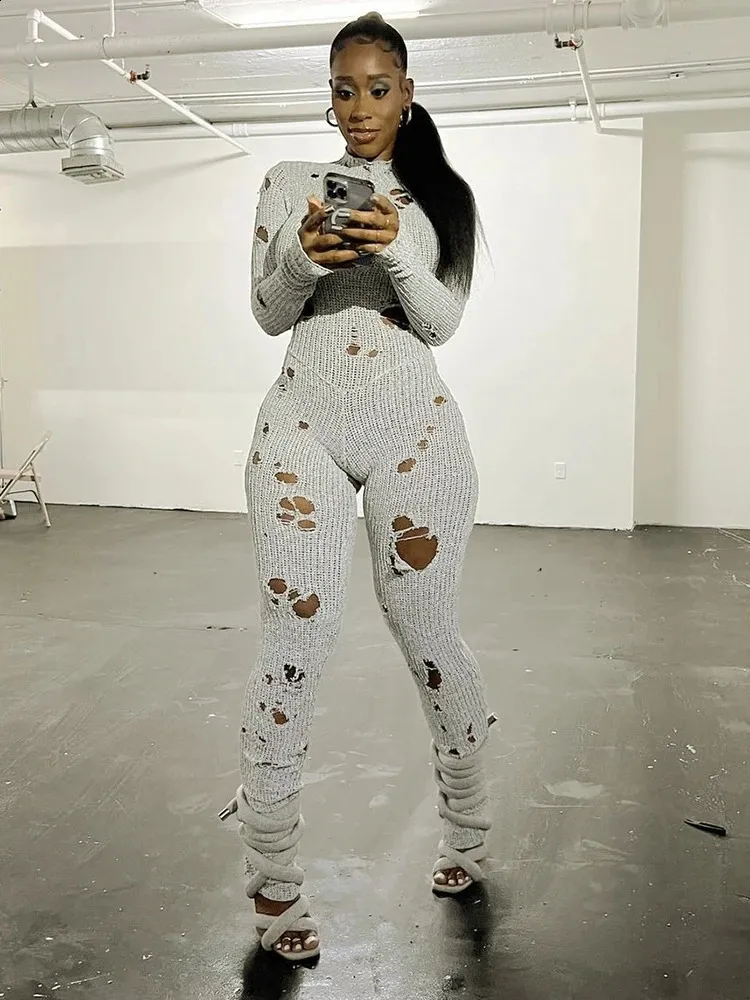 Knit Ripped Jumpsuit, Hollow Sleeve Overalls For Women | DHgate