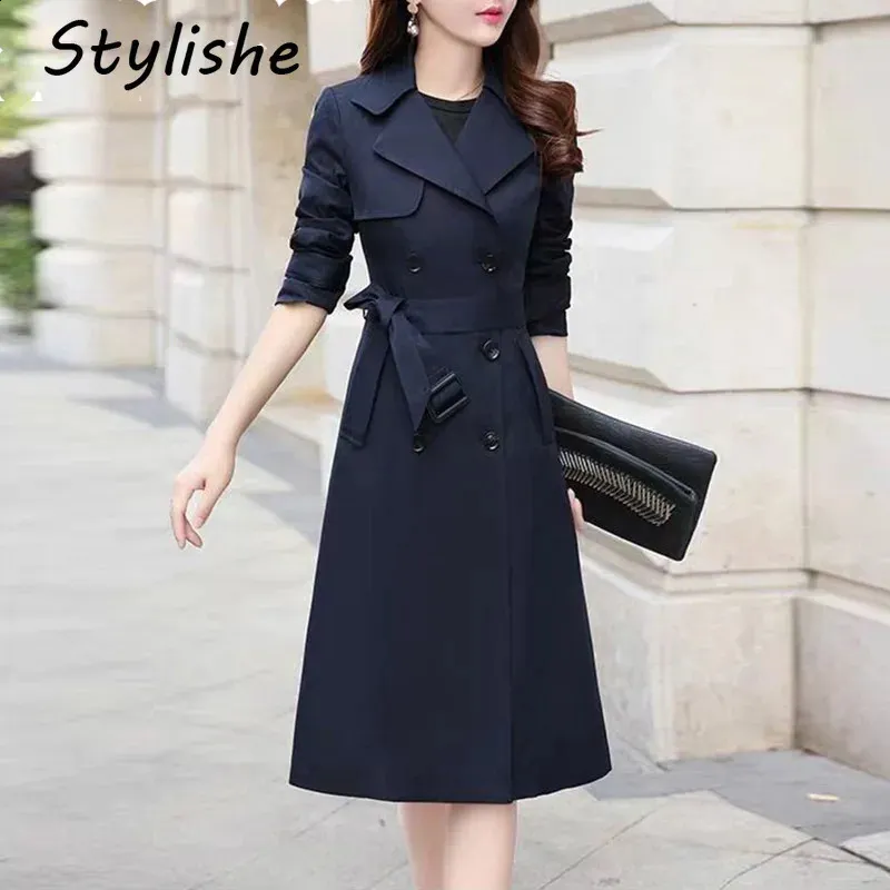Korean Style Navy Blue Belted Long Ladies Navy Trench Coat For Women Slim Fit Casual Coat With Button Closure For Spring And Autumn 240813 From Charm clothes 115.31 DHgate.Com