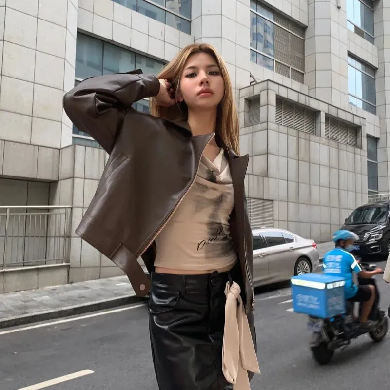 French Retro Motorcycle Leather Jacket Women Cool Solid Lapel