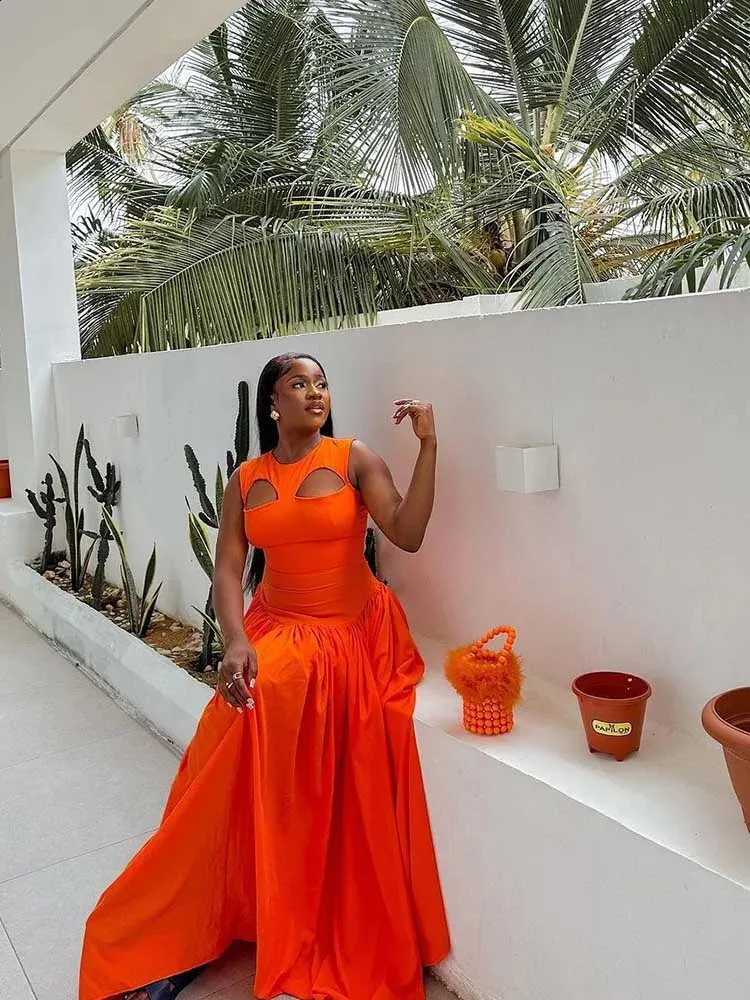 orange birthday dresses for women Aomei Women Big Size Dresses Orange Ruffles Sleeveless High Waist Body –  Mega Mart Center main image 1