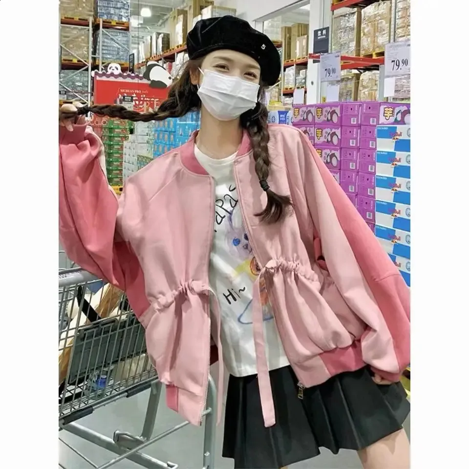 HOUZHOU Pink Y2k Bomber Jacket Women Oversize College Wrap Jackets