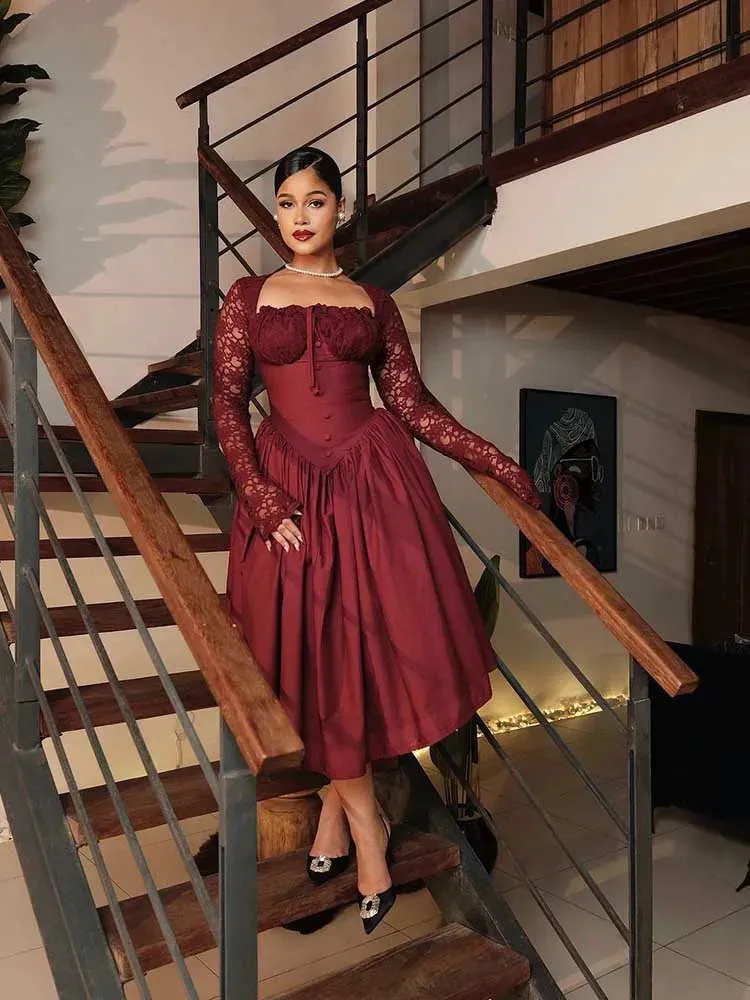 Vintage Lace One-Piece Long Black Party Dress with Full Sleeves and High Waist for Women - Elegant and Sexy Autumn/Winter Fashion