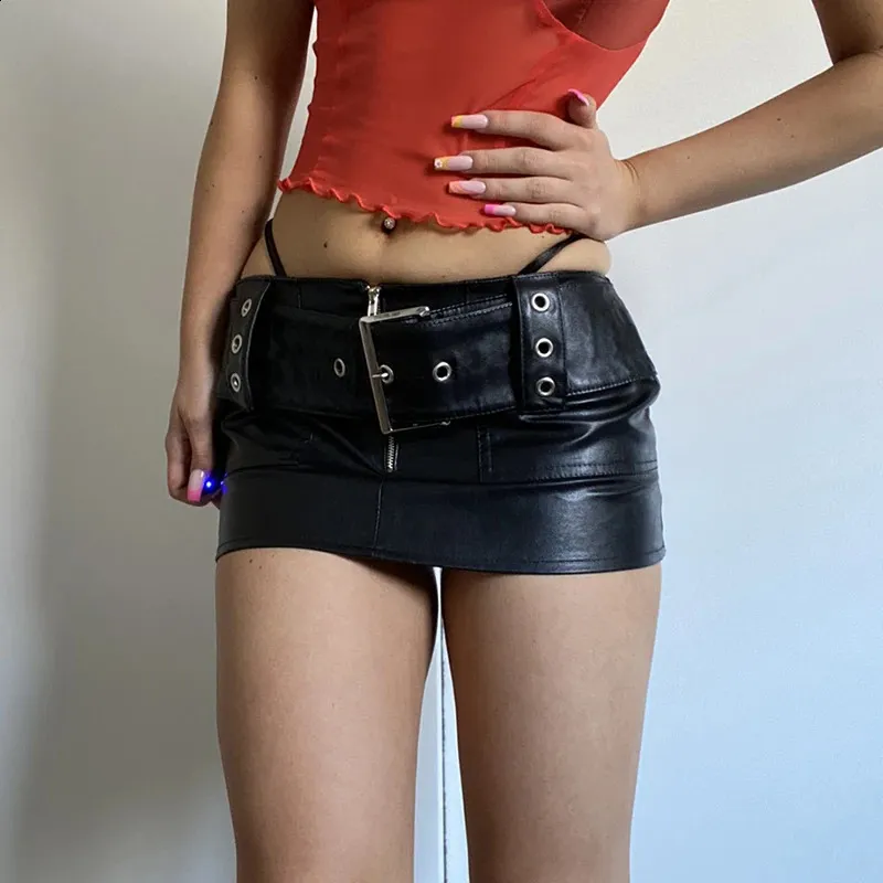 Sexy Low Rise Leather Micro Mini Skirt with Wide Belt - Punk