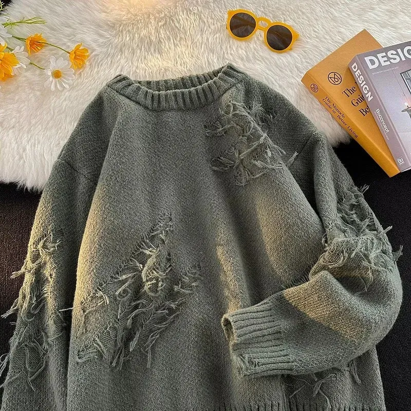 トップス stein destroyed long sleeve knit sweater Destroyed Sweater Pullover Men Loose Fit Acrylic Knitwear Long