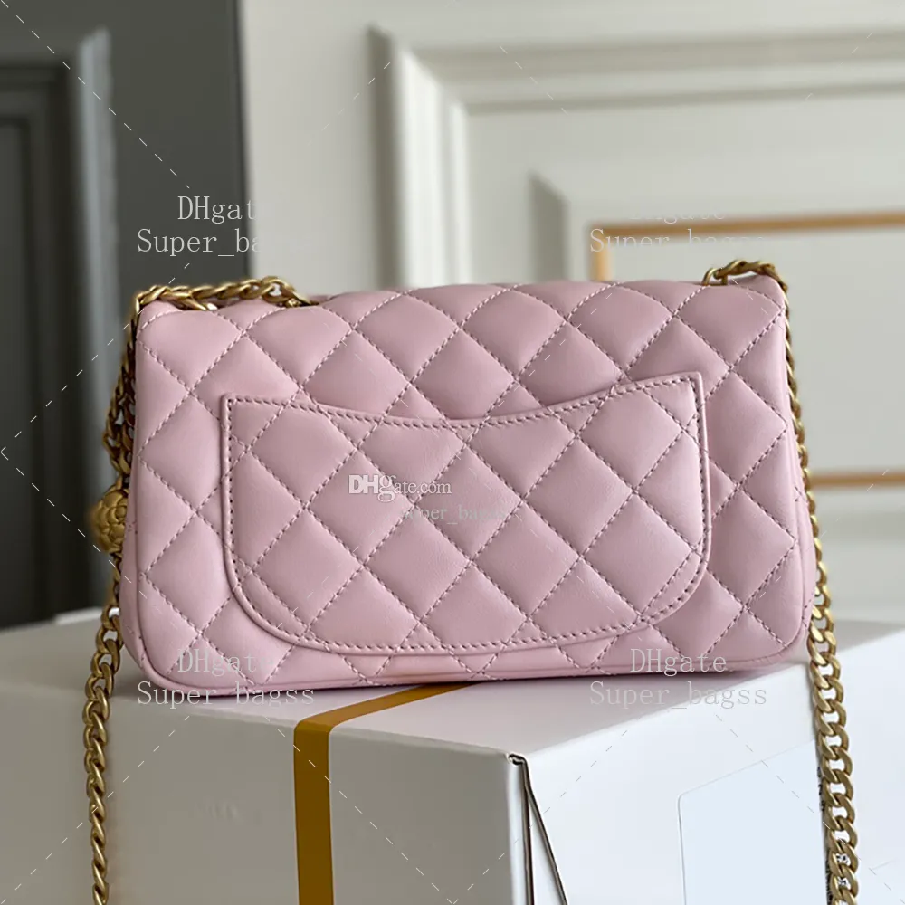 Luxury Designer Gold Flower Chain Pink Leather Shoulder Bag