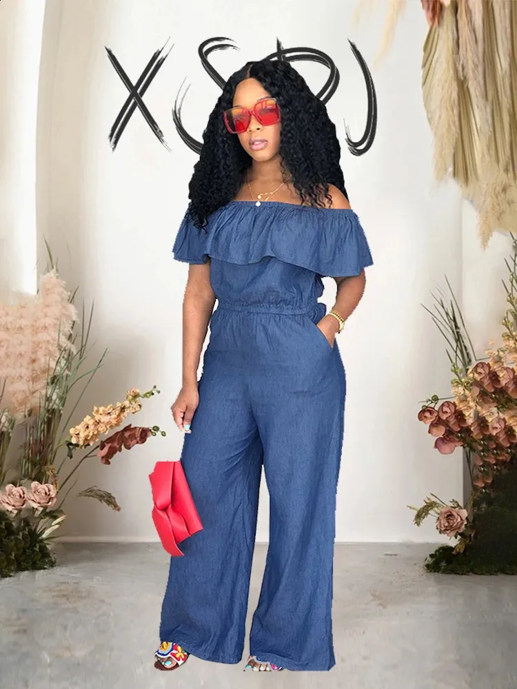 Denim Jumpsuit for Women: Stylish Off-Shoulder Summer Overalls with Wide  Leg, Casual Plus Size One-Piece Outfit (240814)