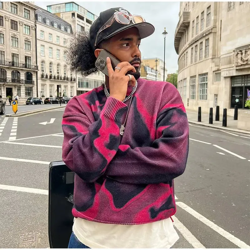 Tie Dyed O Neck Sweater For Male Trendy Long Sleeve Oversize