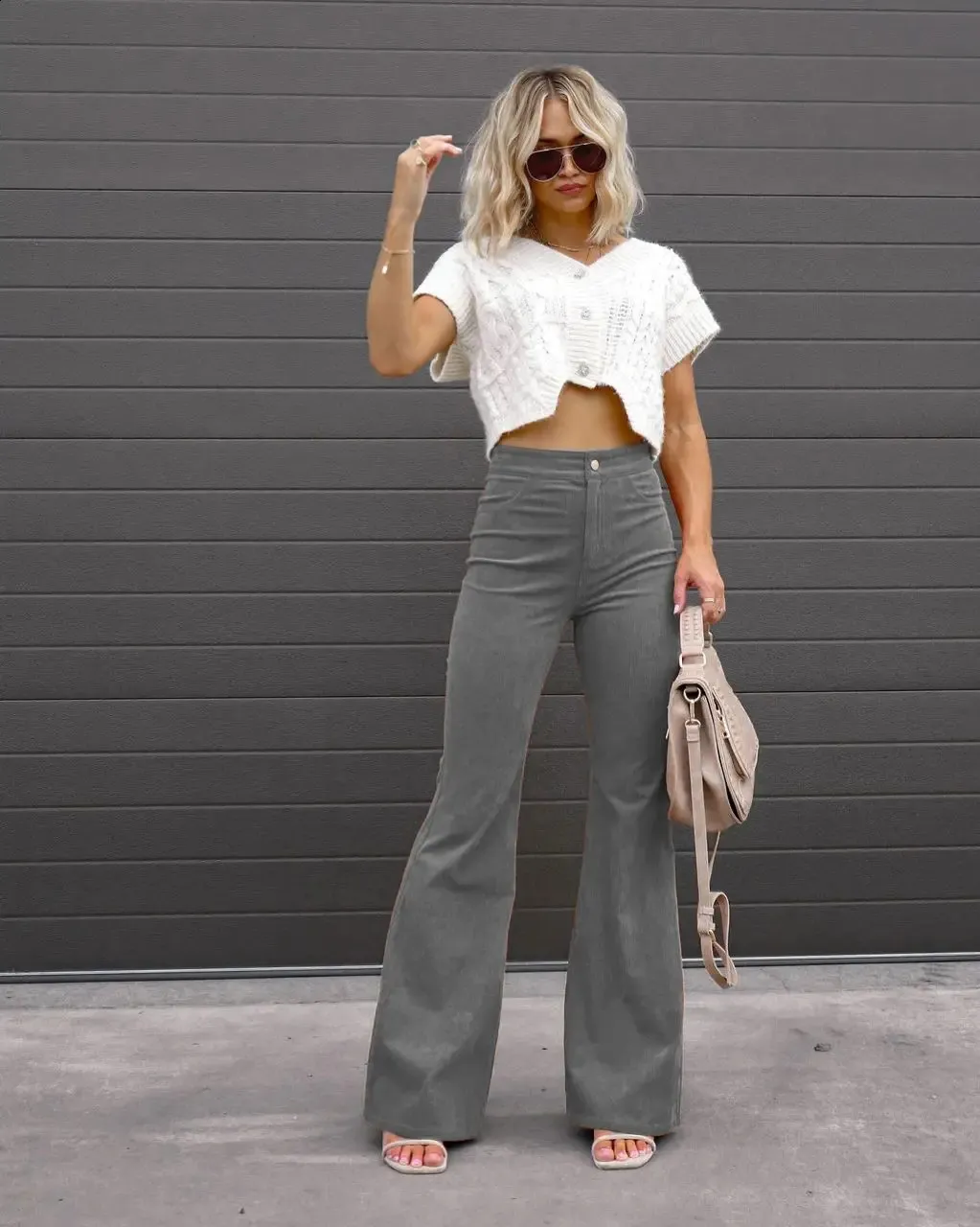 Ladies autumn solid color acetate corduroy flare pants low waist
