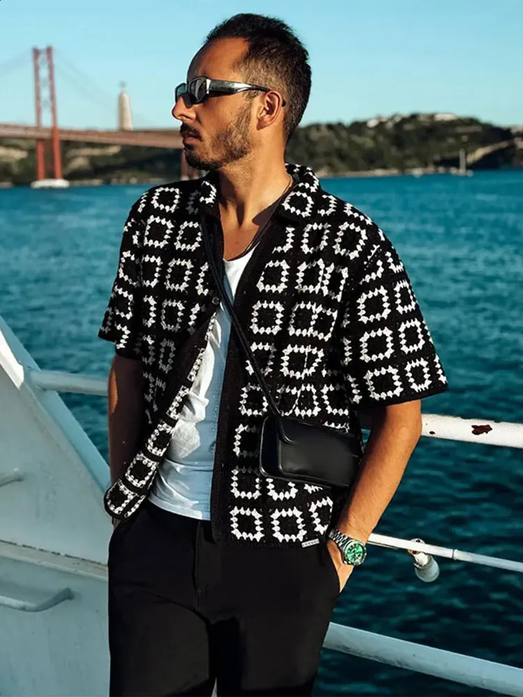 Oversized Button Through Crochet Knit Shirt For Male Fashion Lapel