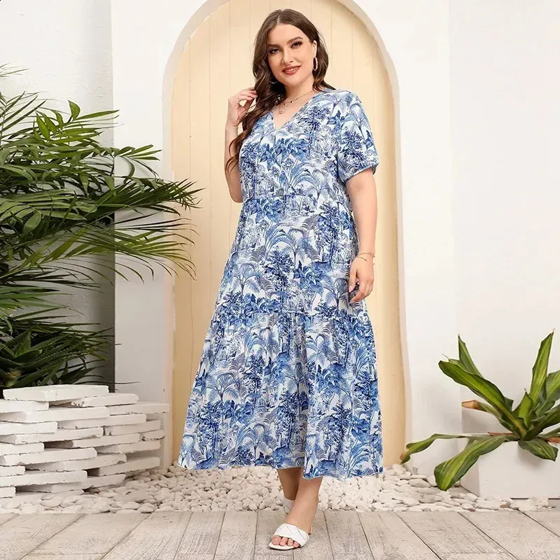 Flower Beach Vacation Dress - Plus Size Oversized V-Neck Skirt with Loose Waist and Long Fluffy skirts