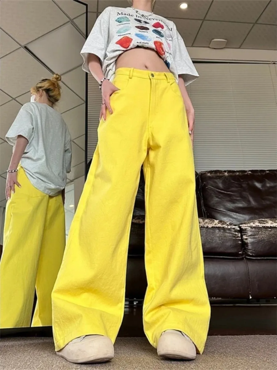 Yellow High-Waisted Chic Wide-Leg Denim Jeans: Versatile Y2K Baggy
