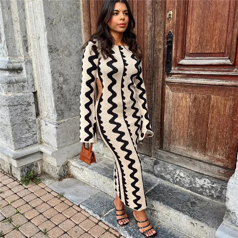 hirigin Vintage Wave Print Chiffon Floor-Length Pullover Pencil Dress with  Crew Neck and Cutout Waist