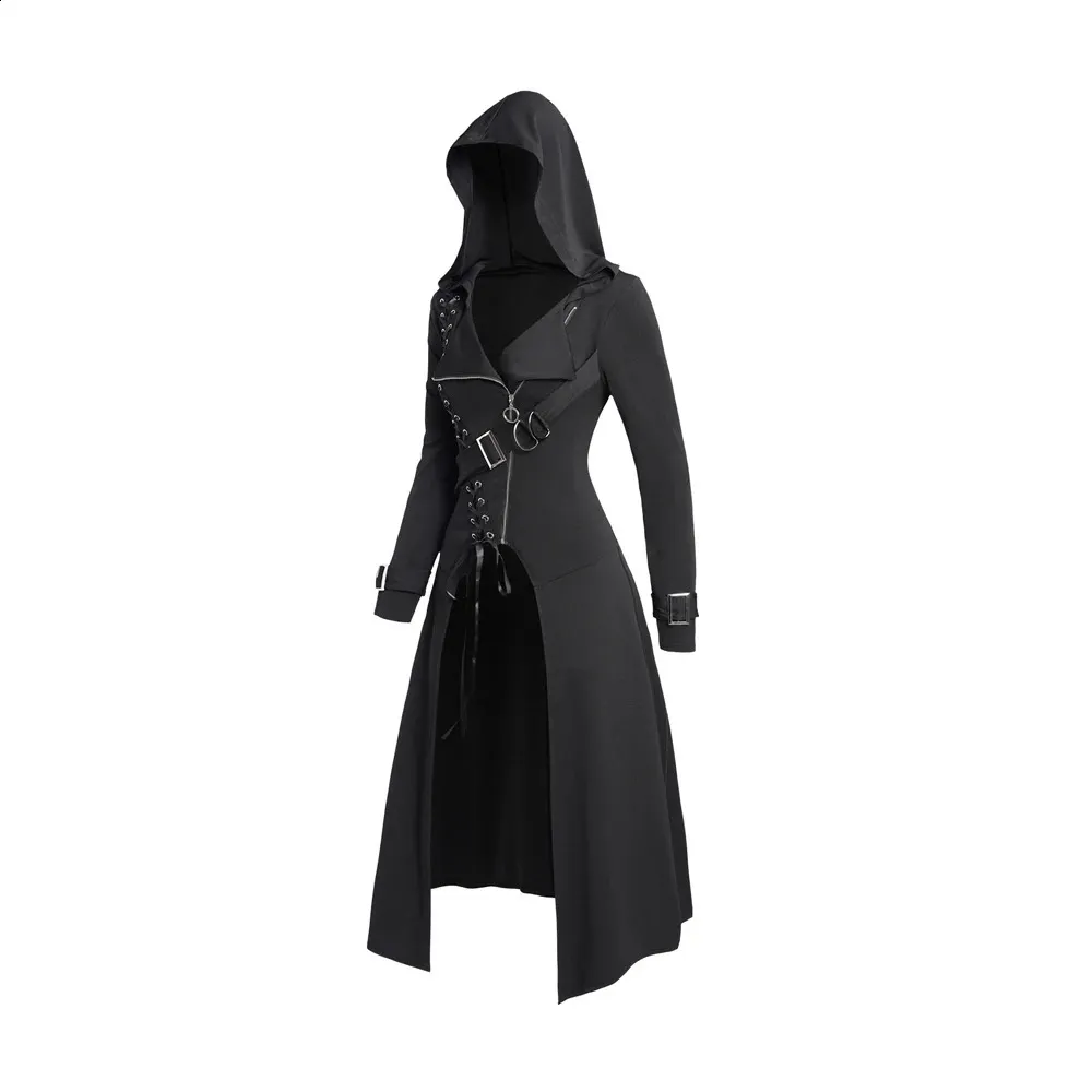 Fall Punk Gothic Hooded Coat Plain Color Lace Up Zip Overcoat For