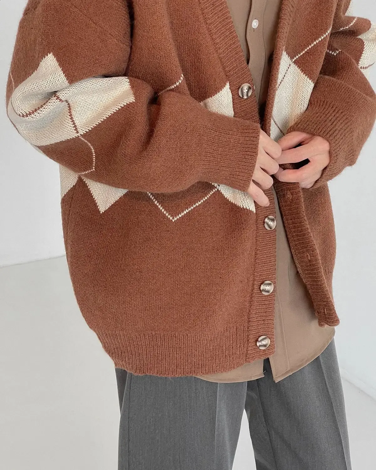 Retro Brown Knit Cardigan for Men - Y2K Style Sweater, Shop