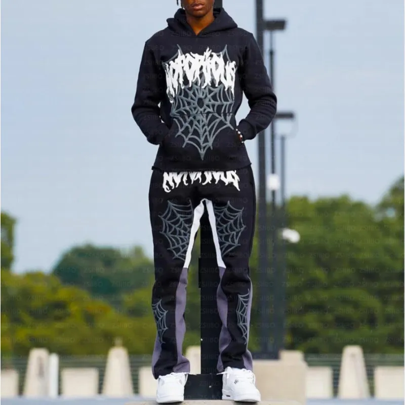 Spider Style Printed Black Graphic Hoodie And Sweatpants Set Spider Style Printed Black Graphic Hoodie And Sweatpants Set