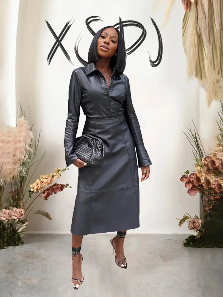 Two-Piece Leather Skirt and Velvet Blouse Set for Women with Ruffled Collar  and Feather Decoration from Dhgate Plus size Dresses - price 85.28
