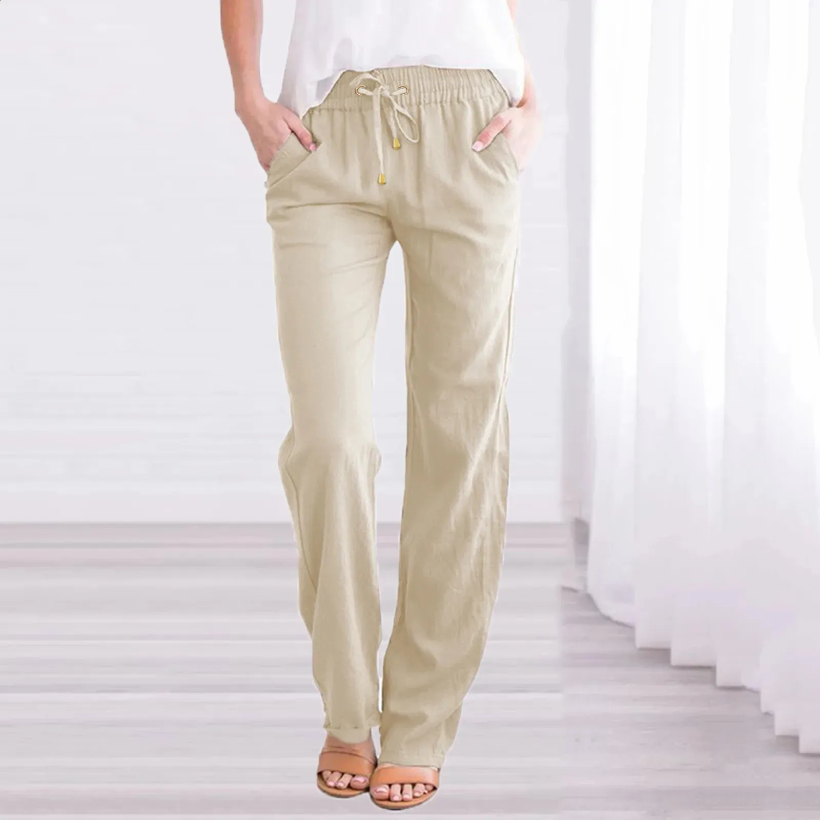 Save Big on Bulk Womens Casual Linen Trousers Womens Cotton Drawstring  Pants Straight Leg Elastic Waist Linen Trousers For Women, Lightweight  Daily