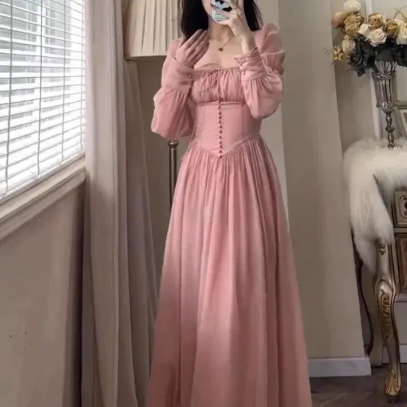 French retro square neckline pullover chiffon corset ball gown dress  floor-length pink spring 2024 from Dhgate Basic & Casual Dresses - price  62.97