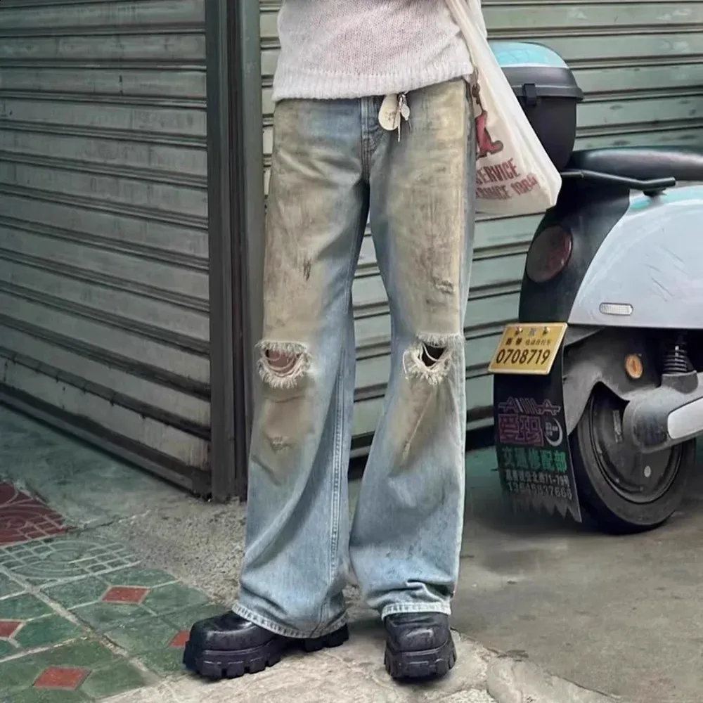 Y2k Yellow Mud Dyed Hole Baggy Jeans Pants Unisex Streetwear  display picture 1