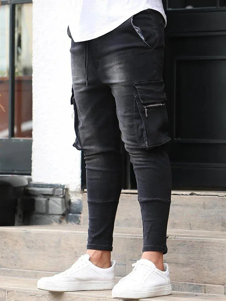 Men's Multi-Pocket Elastic baggy jeans with Zipper