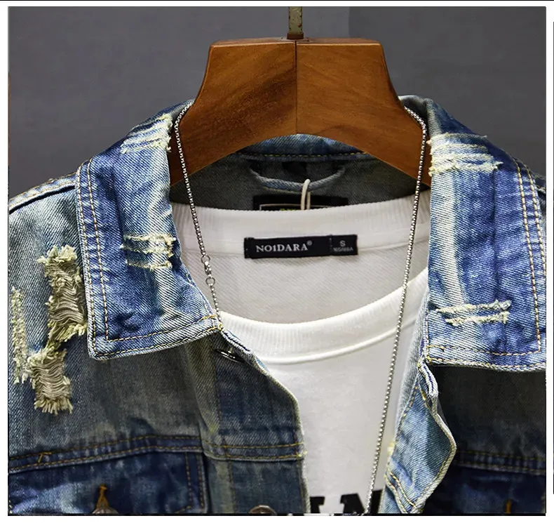 Retro Ripped Denim Jacket Mens - Ultra-Thin, Long Sleeve