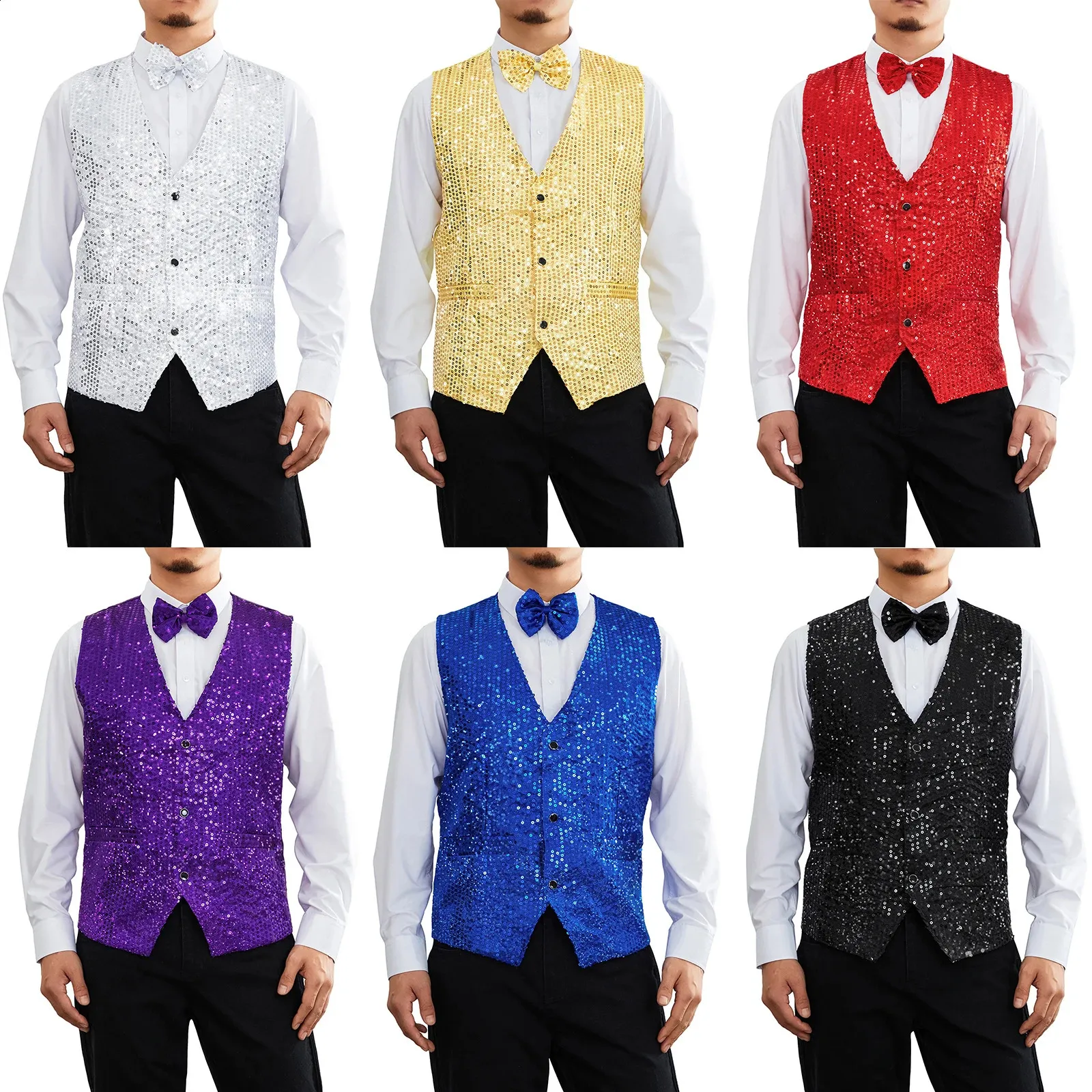 Mens Glitter Vest Tie Set Casual V Neck Shiny Belt, Perfect For