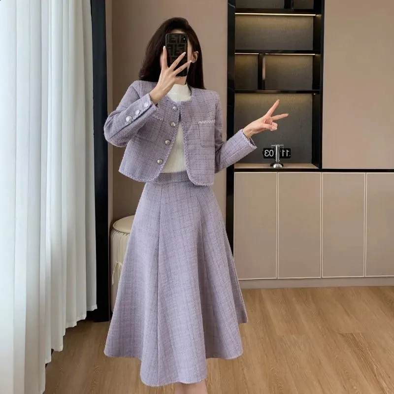 Tweed Two-Piece Set: Short Jacket & A-Line Skirt - Korean