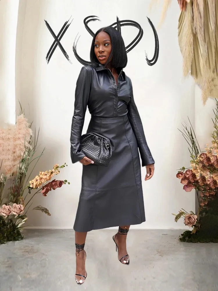Skirt Set Womens Faux Leather Outfit: Elegant Spring Blouse