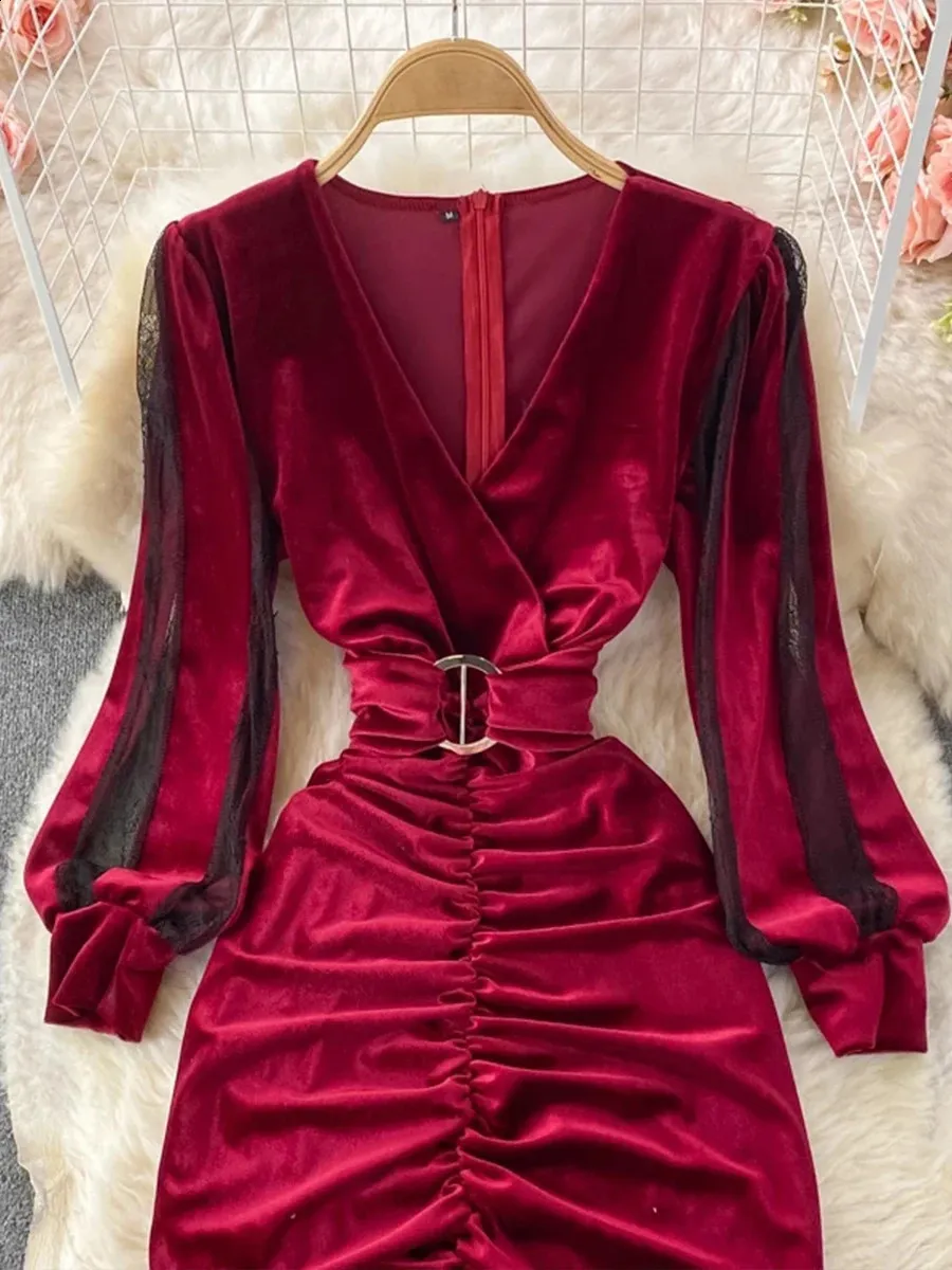 long sleeve red velvet bodycon dress Final Sale Plus Size Spaghetti Strap off the Shoulder Sheer Sleeve Velvet BodyCon Dress in Burgundy main image 0