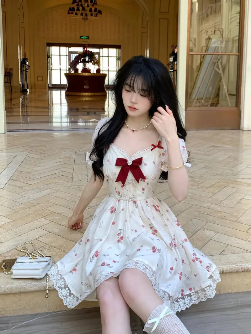 Sweet V-Neck Kawaii Lace A-Line Dress | Elegant Floral Party Dress