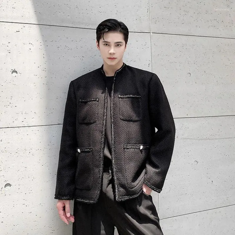 SYUHGFA Mens Korean Style Round Collar Tweed Wool Jacket Mens  