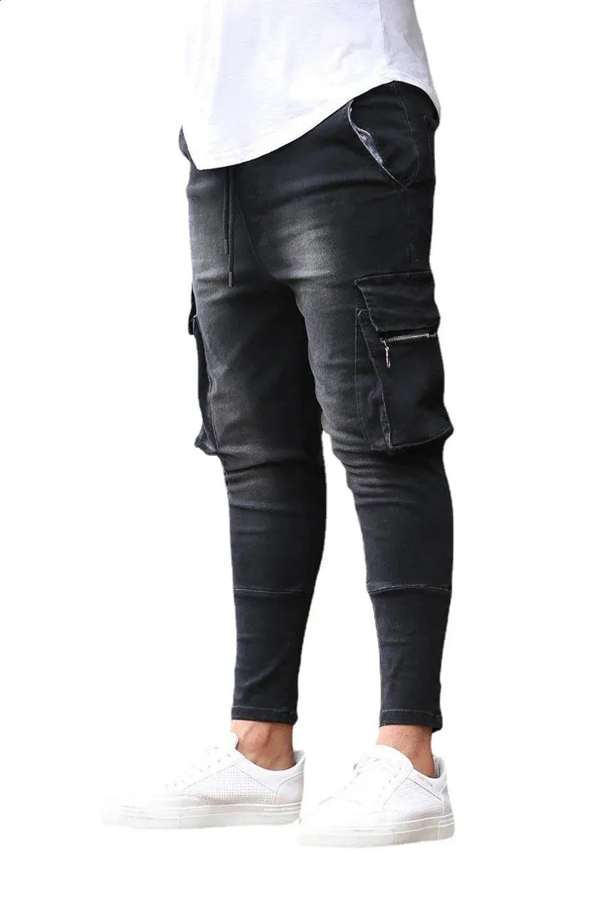 Men's Multi-Pocket Elastic baggy jeans with Zipper
