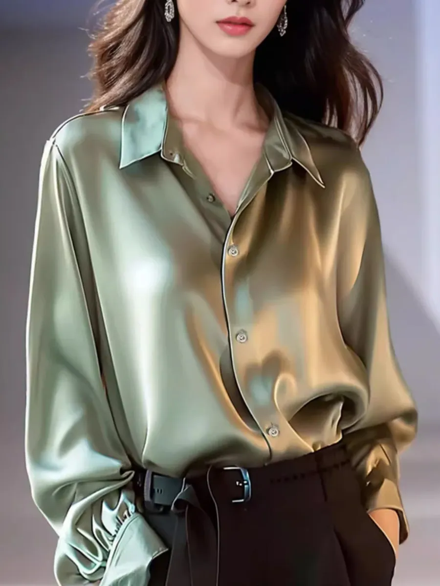 Premium Acetate Satin Shirt: Womens Luxury Long Sleeve Blouse