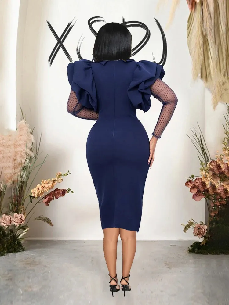 Women Elegant Slim Solid Knee Length Dress with Puff Sleeves Patchwork Mesh Birthday Dress for Women Bodycon Dress Sexy Clothes 240814