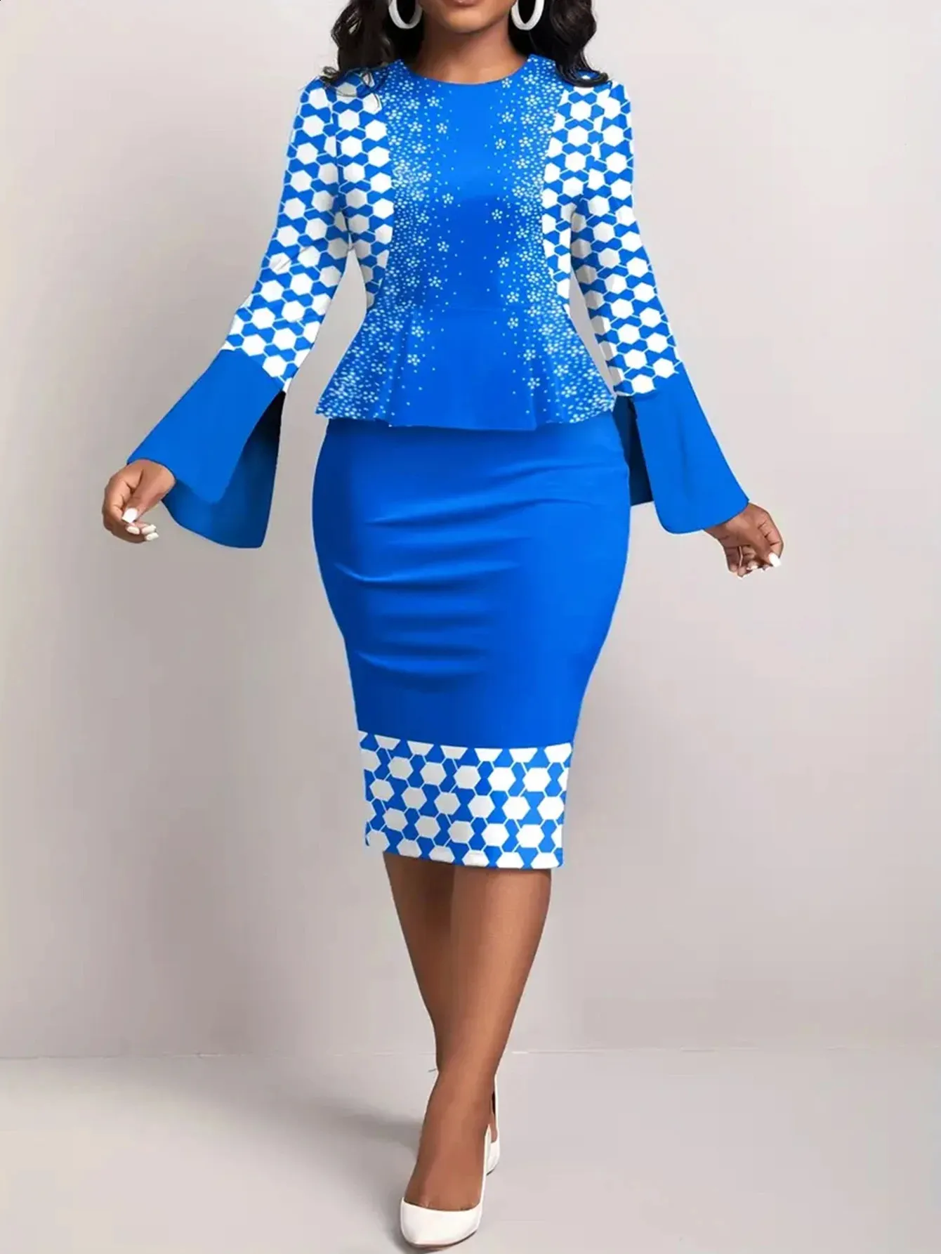 African Print Split Sleeve Work Dress Blue Bodycon Pencil Church Dress