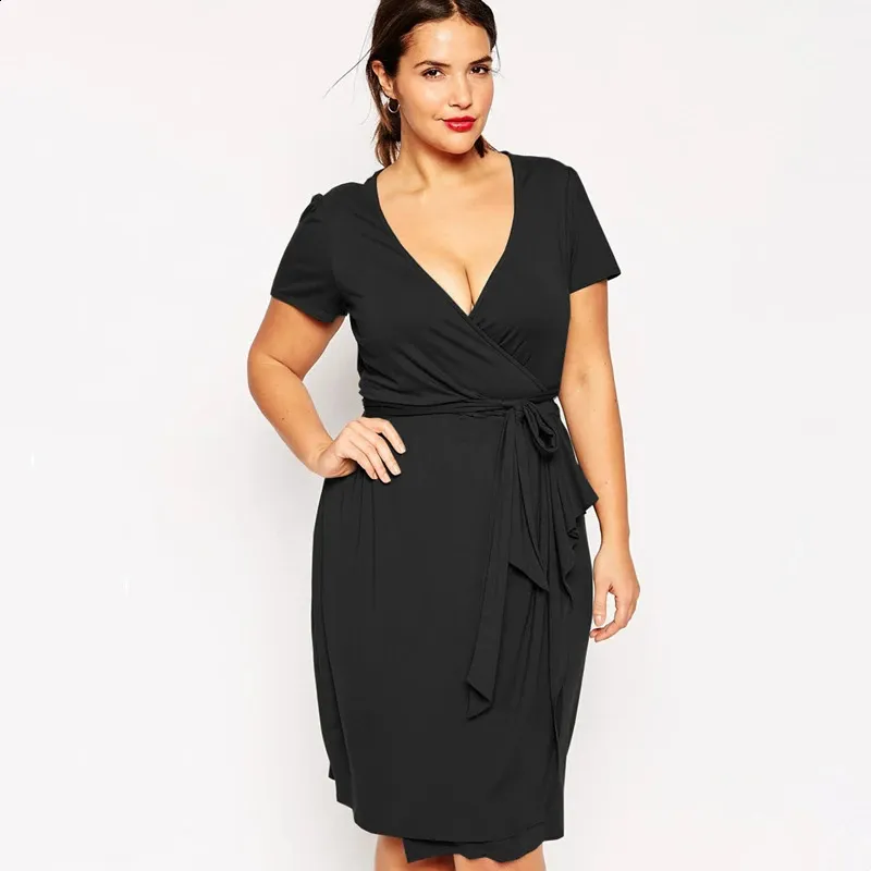 Elegant V-Neck Plus Size Summer Wrap Dress with Short Sleeves and Sashes for Work and Office - Black Midi party Dress in 7XL or 8XL (240814)