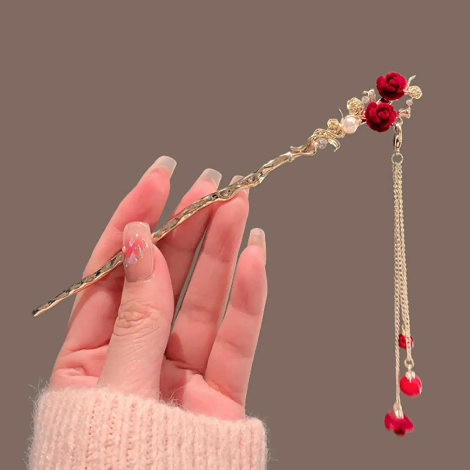 Elegant Floral Hair Sticks - Red and Gold Vintage Alloy Red Flower Tassel Hairpin for Women Girl Hair  main image 3