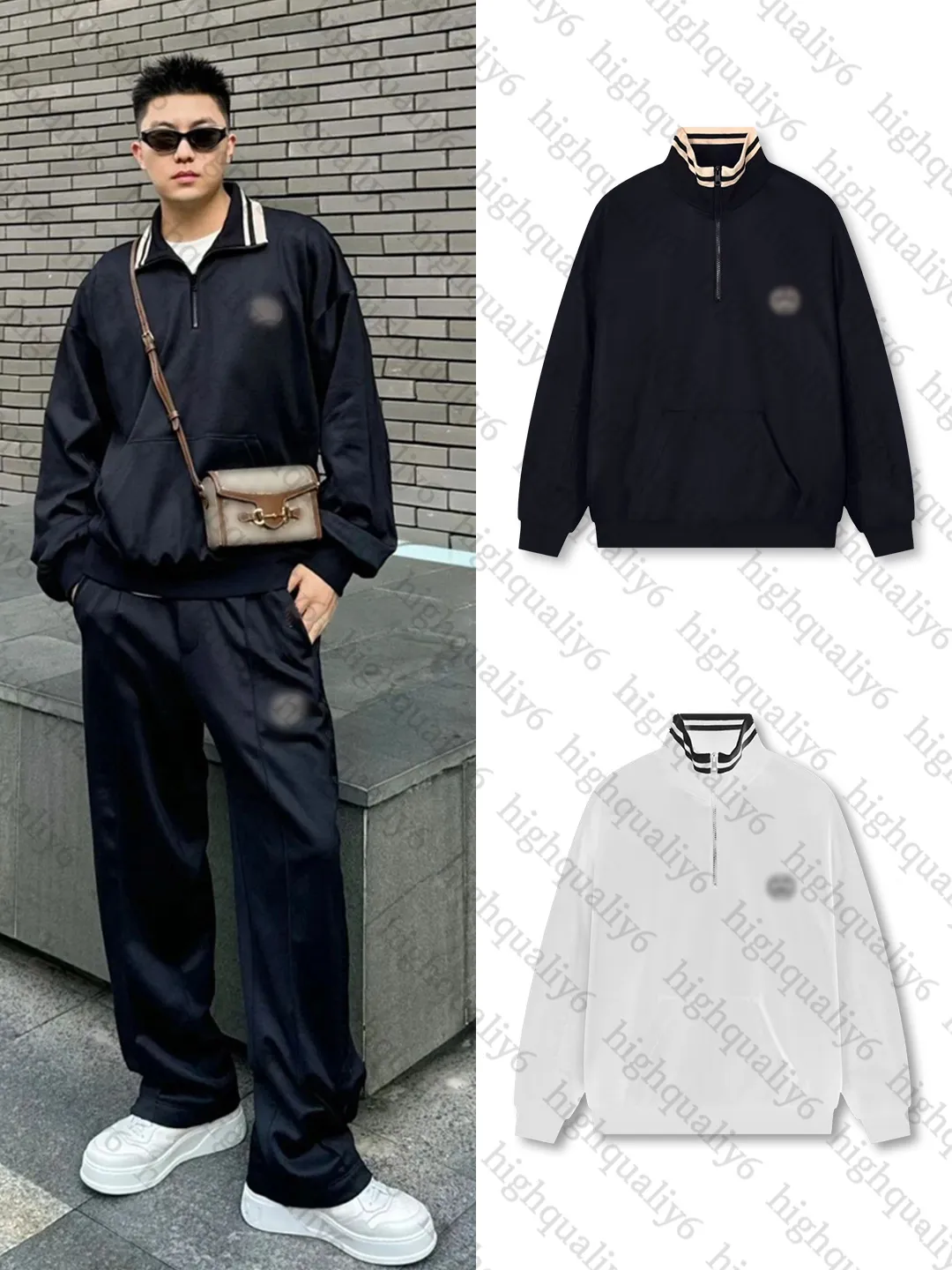 Men's Black Embroidered Half-Zip Jacquard Stand-Up Men's Black Embroidered Half-Zip Jacquard Stand-Up