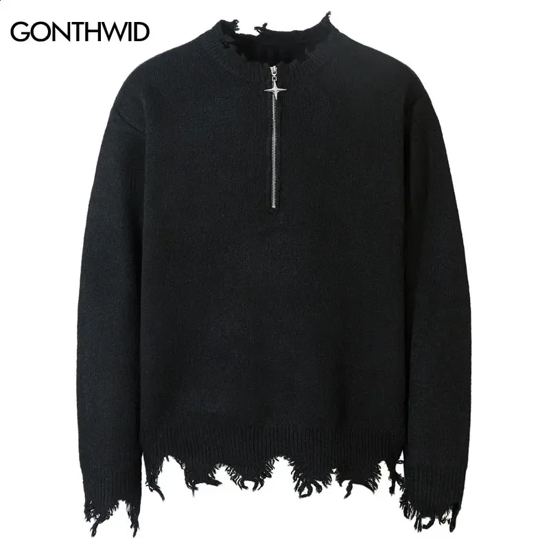Y2K Grunge Ripped Knit Sweater: Half Zip Baggy Pullover