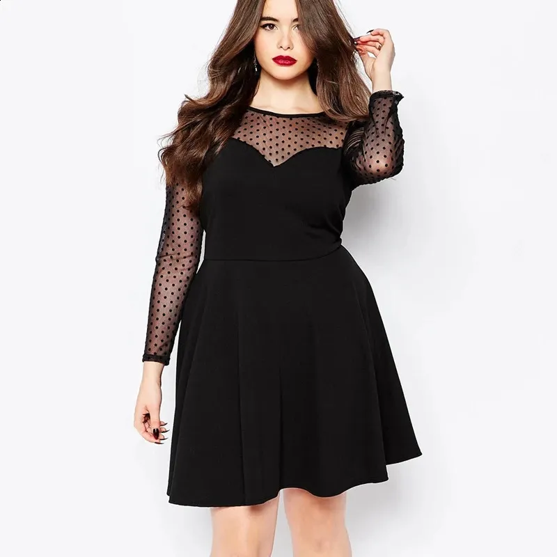 Elegant Dot Print A-Line Plus Size Black Dress for Women - Knee Length, 6XL