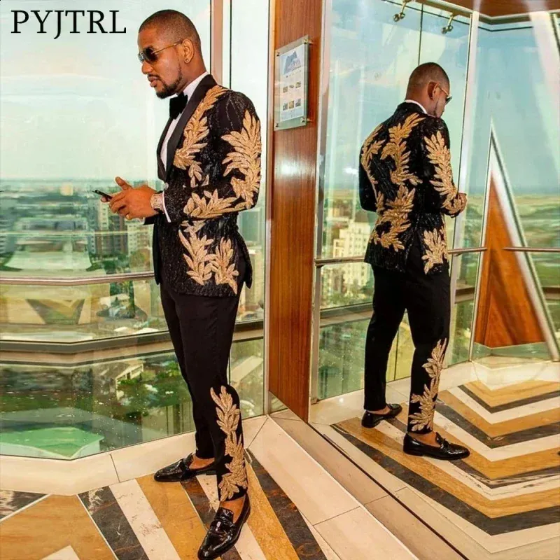 High-Quality Gold Sequin Decal Men's Casual Suit Jacket for Singers and Performers - All Seasons (240814)