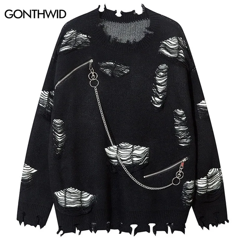 2024Ripped Hole Y2K Knitted Oversized Sweater with Chain, Grunge Punk Gothic Streetwear Jumper 2024Ripped Hole Y2K Knitted Oversized Sweater with Chain, Grunge Punk Gothic Streetwear Jumper