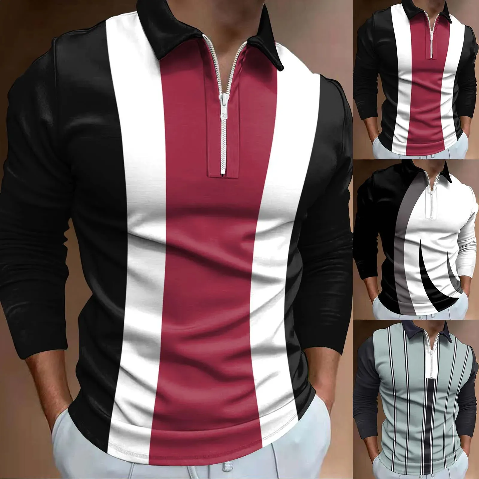 Mens Long Sleeve Polo Shirt: Stylish Patchwork T-Shirt with