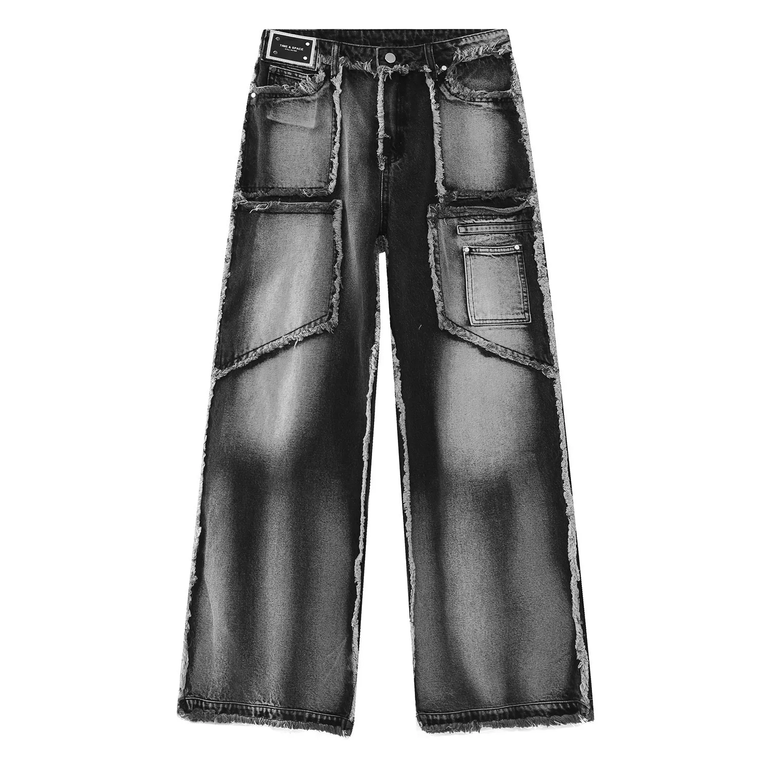 DHgate.com:Loose Fit Spliced Jeans: New Wash, Ragged Edge