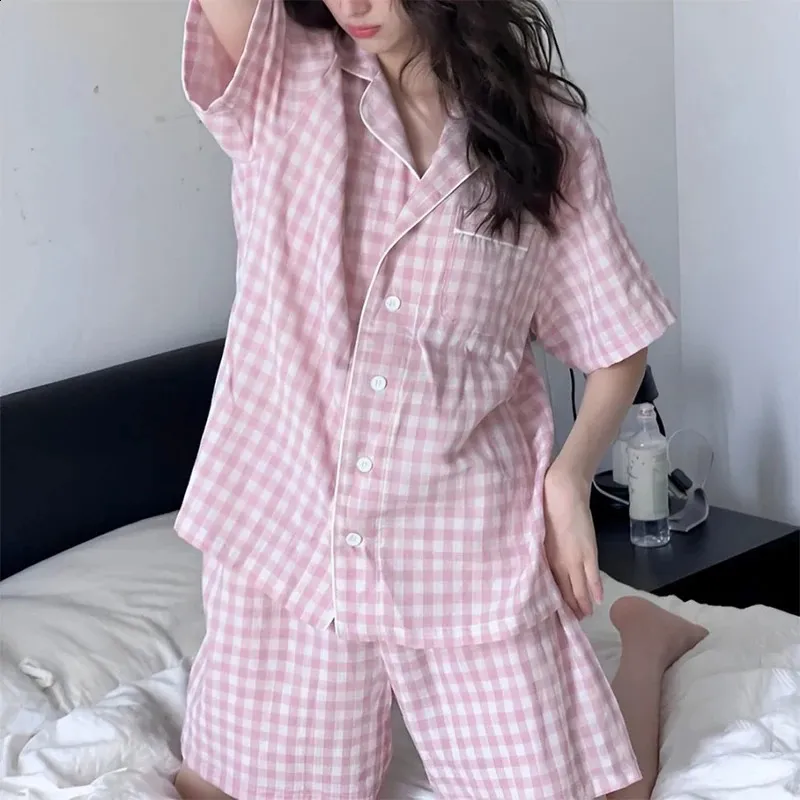 Cute Korean Sleepwear Set Plaid Summer Pajamas, Short Sleeve, Sweet  Style, Online Student Home Wear, Pink, Comfy Loungewear