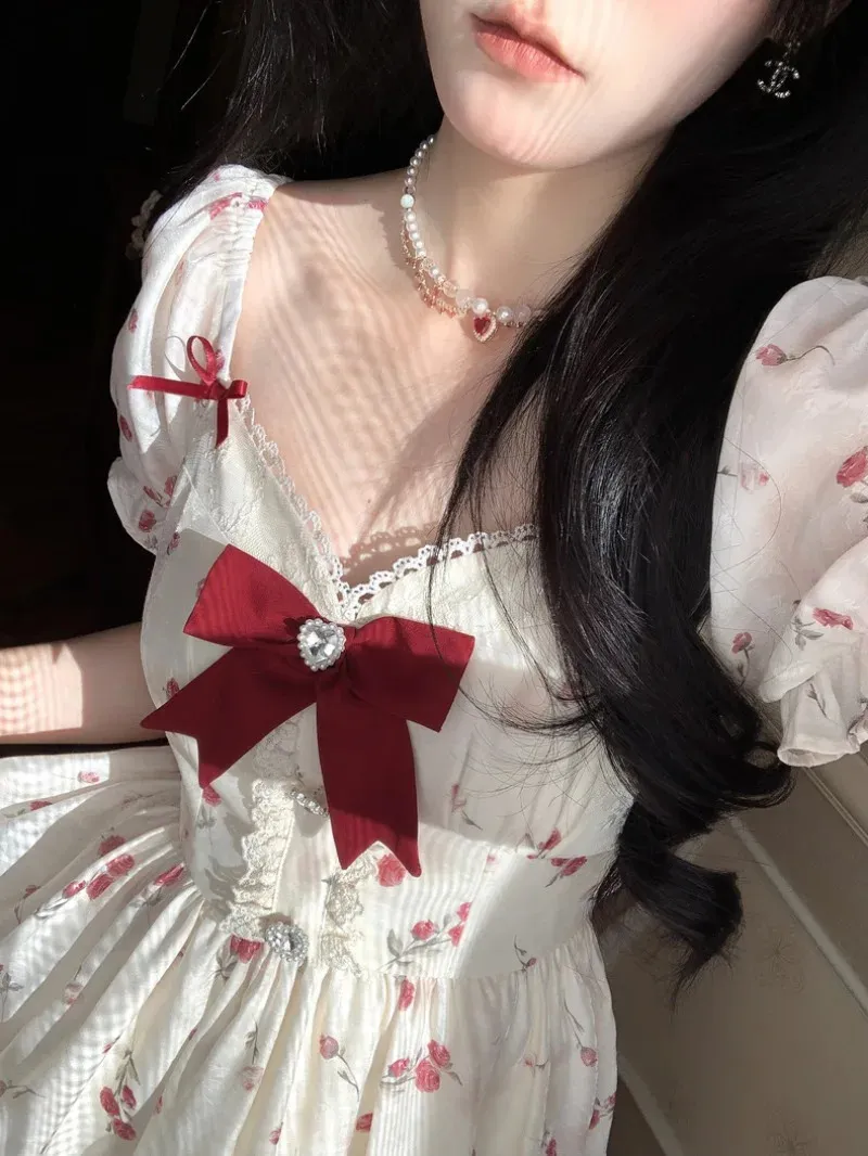 Kawaii Lace Mini Dress with Sweet Bow and V-Neckline - Elegant French Floral A-Line Princess Dress for Women's Party in 2024 (240814)